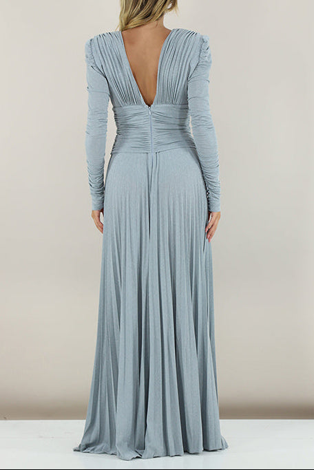 meroy Deep V puff sleeve pleated maxi dress in pale blue