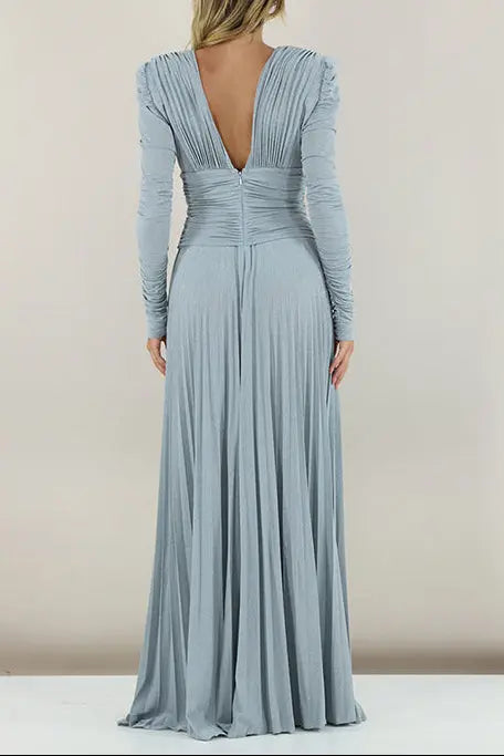 meroy Deep V puff sleeve pleated maxi dress in pale blue Avalabel