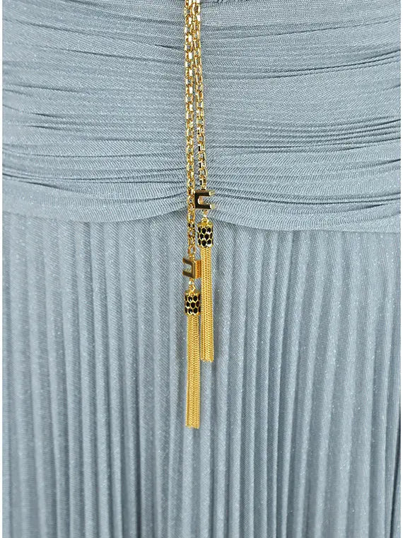 meroy Deep V puff sleeve pleated maxi dress in pale blue Avalabel