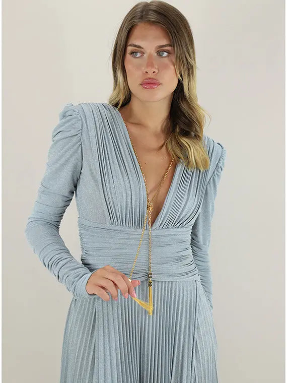 meroy Deep V puff sleeve pleated maxi dress in pale blue Avalabel