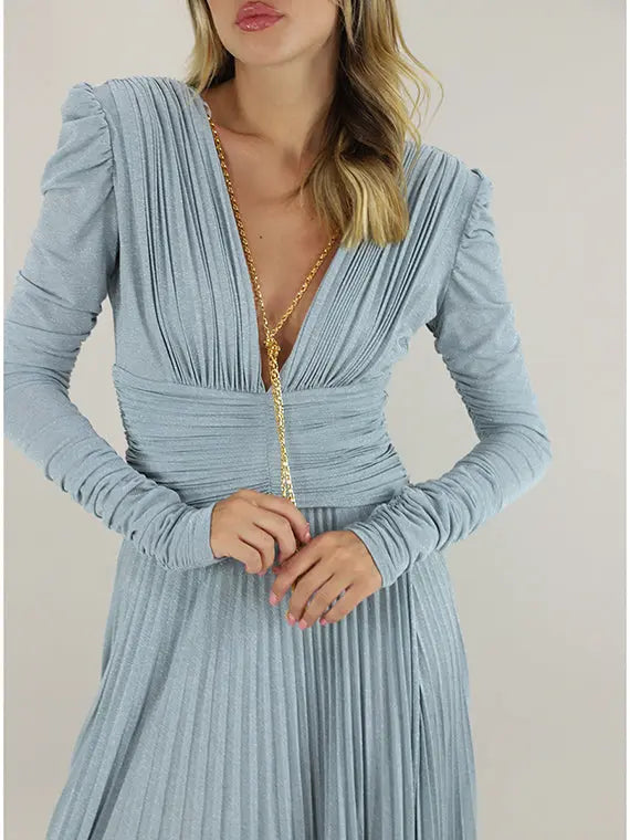 meroy Deep V puff sleeve pleated maxi dress in pale blue Avalabel