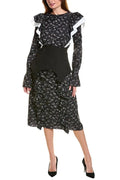 Sebastiane Floral Print Ruffle Trim Midi Dress in Black Avalabel