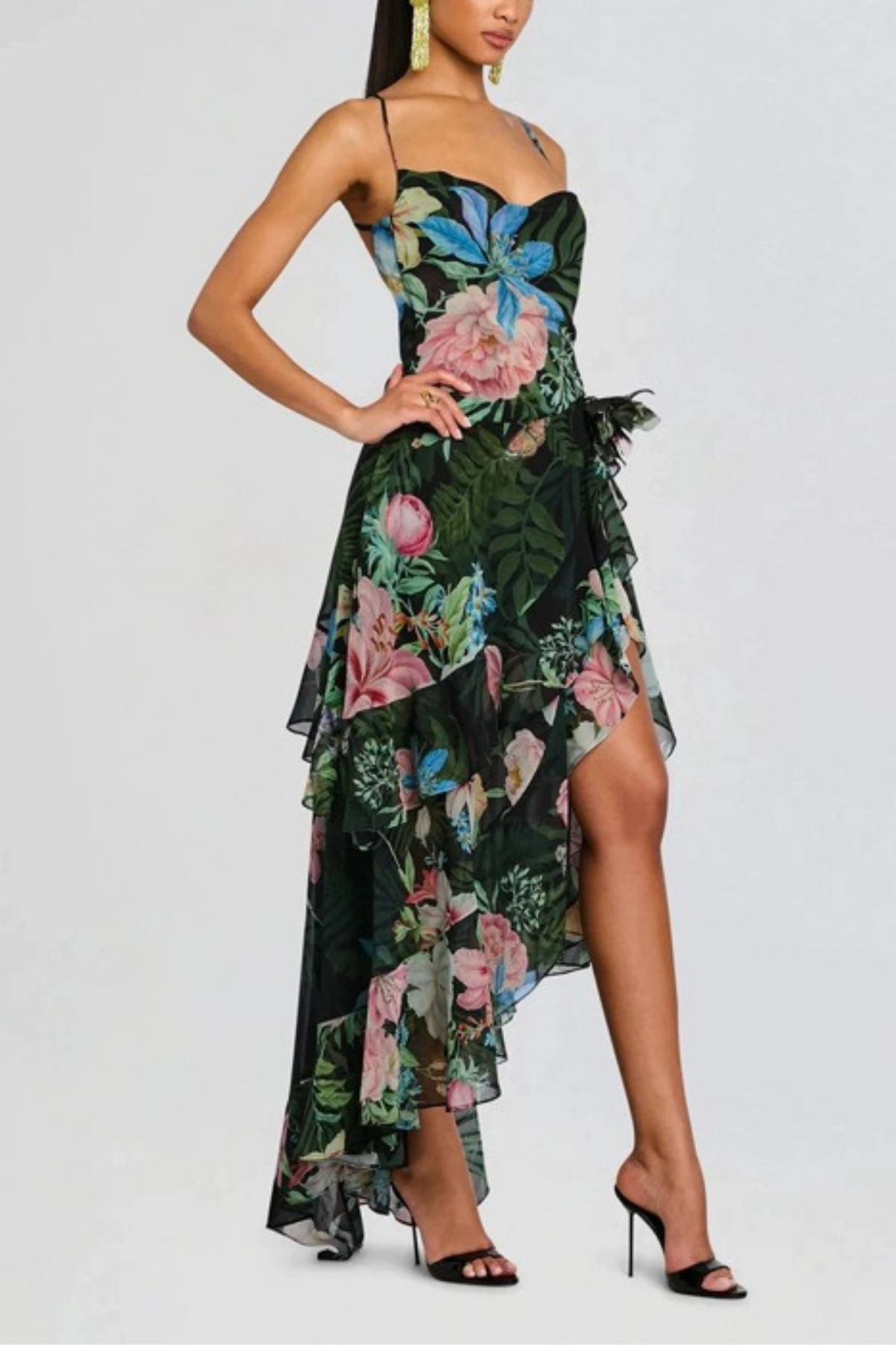 Nola Green Floral Spaghetti Strap Ruffle Slit  Dress Avalabel