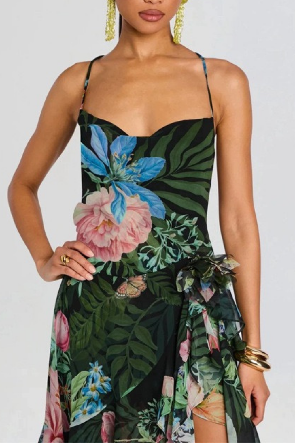 Nola Green Floral Spaghetti Strap Ruffle Slit  Dress Avalabel