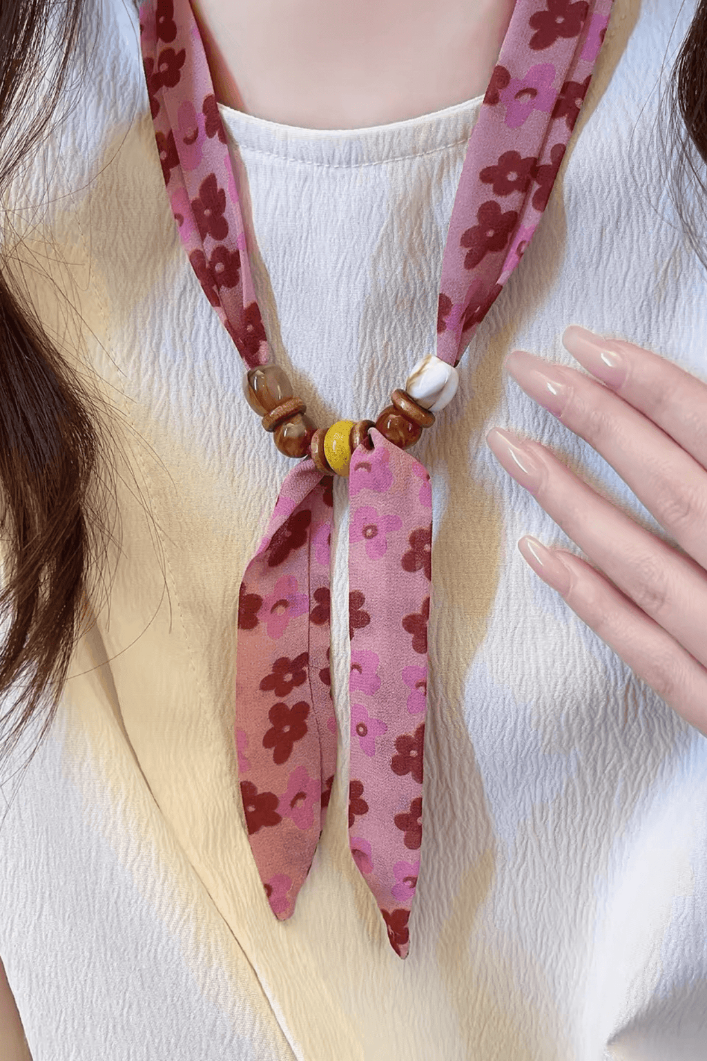 Pink Floral Scarf Wood Bead Boho Necklace Avalabel