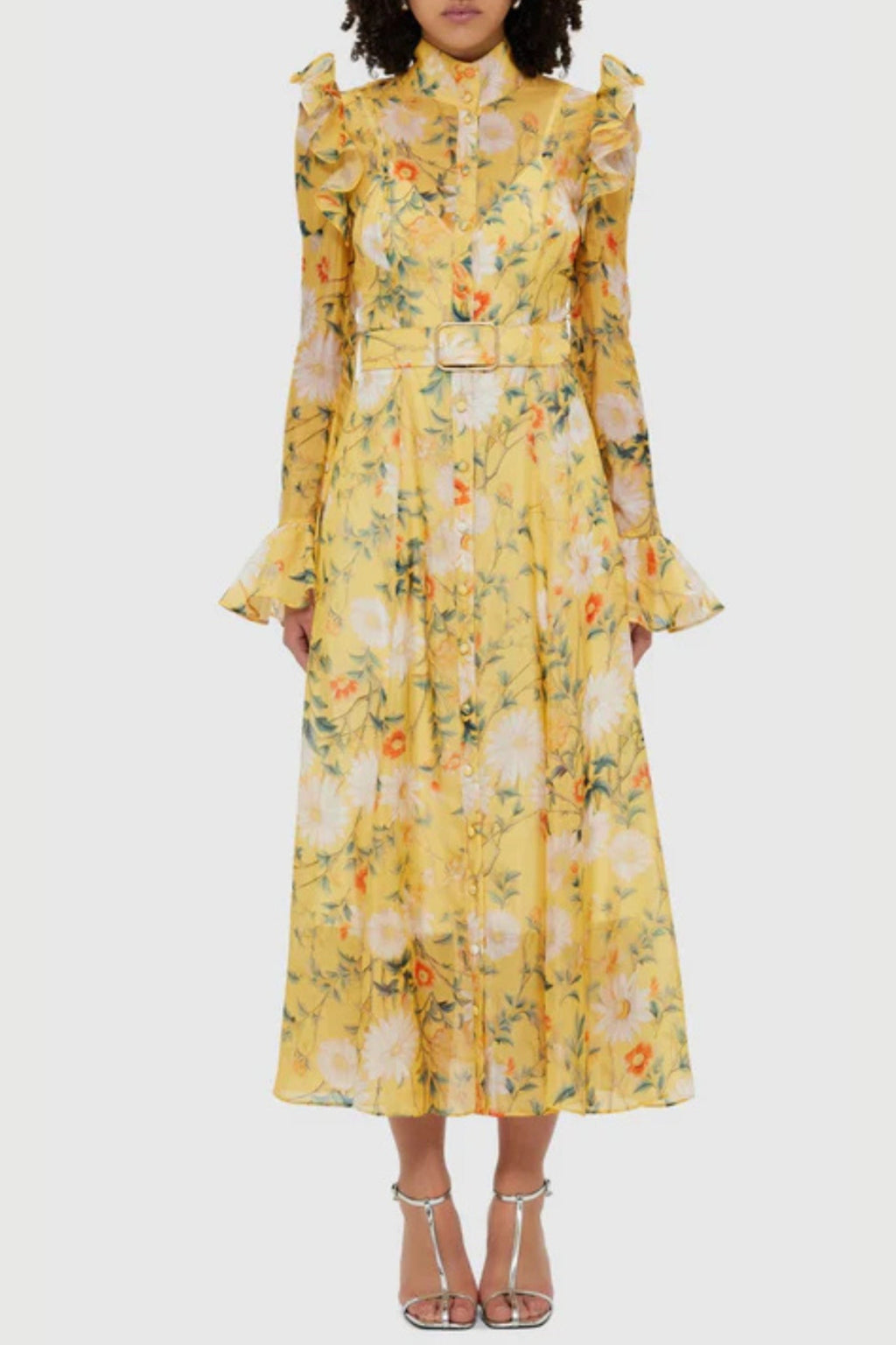 Daisy Print Butterfly Sleeve Midi Dress in yellow poava