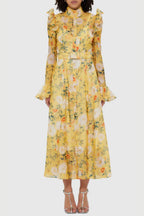 Daisy Print Butterfly Sleeve Midi Dress in yellow poava