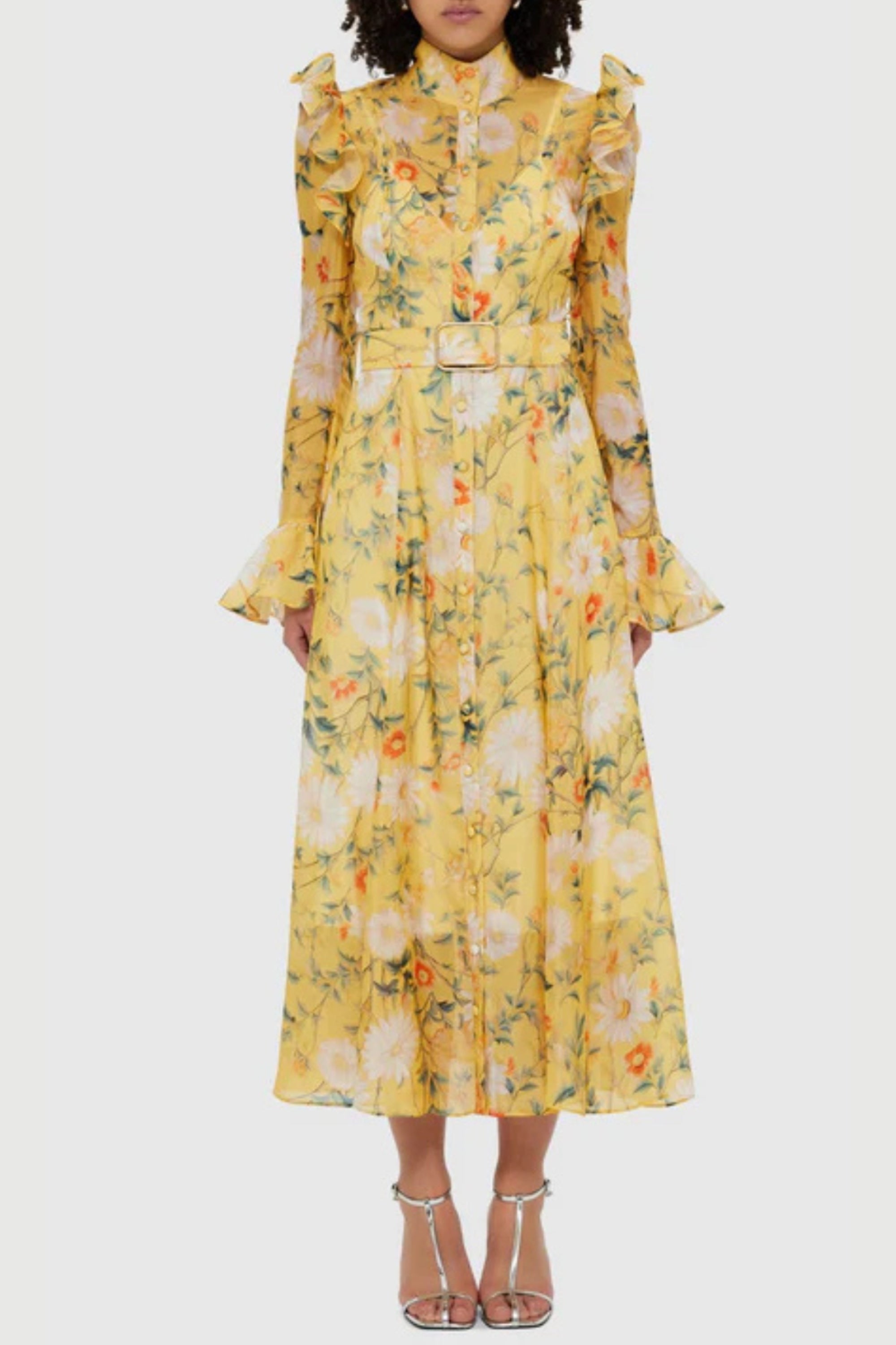 Daisy Print Butterfly Sleeve Midi Dress in yellow poava