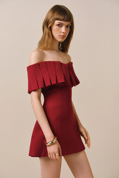 Marcia Off-Shoulder Pleated Mini Dress in Red