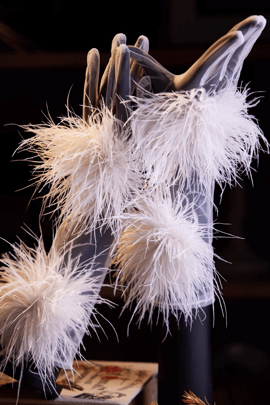 Fluffy Feather Decor Sheer Tulle Long Gloves Avalabel