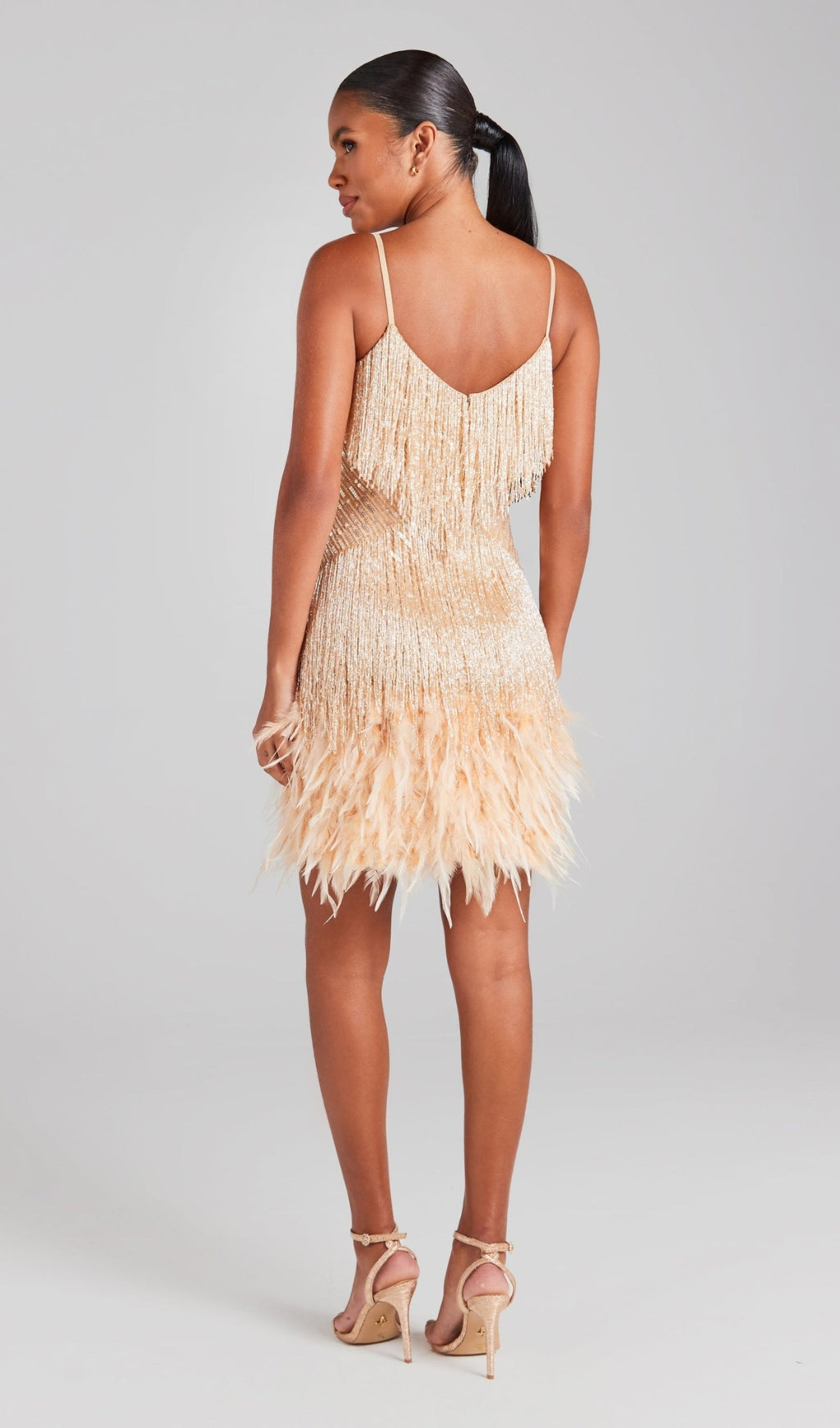 CHAMPAGNE TASSEL FEATHER MINI DRESS Avalabel