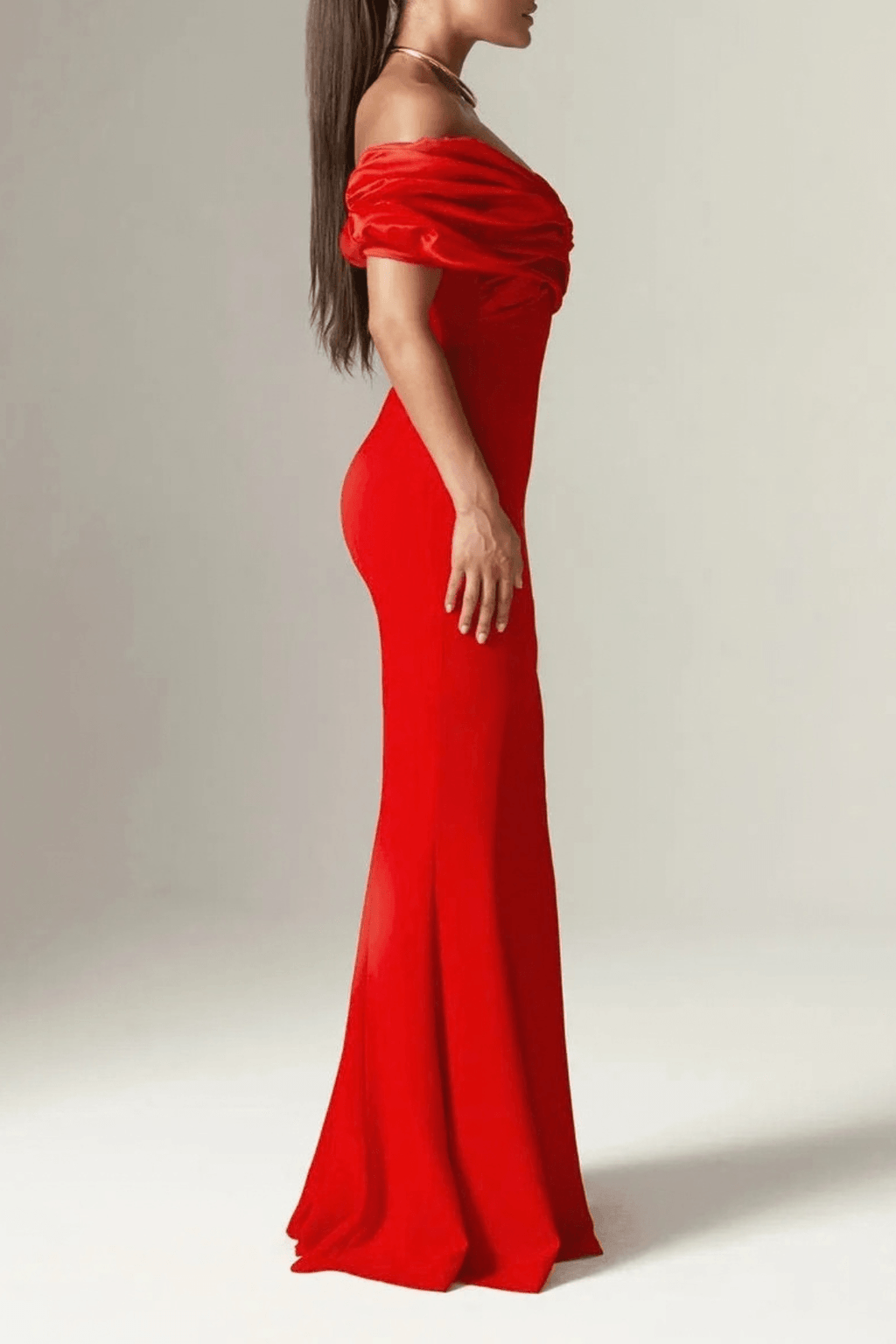 Iris Red Off Shoulder Satin Mermaid Maxi Dress Avalabel