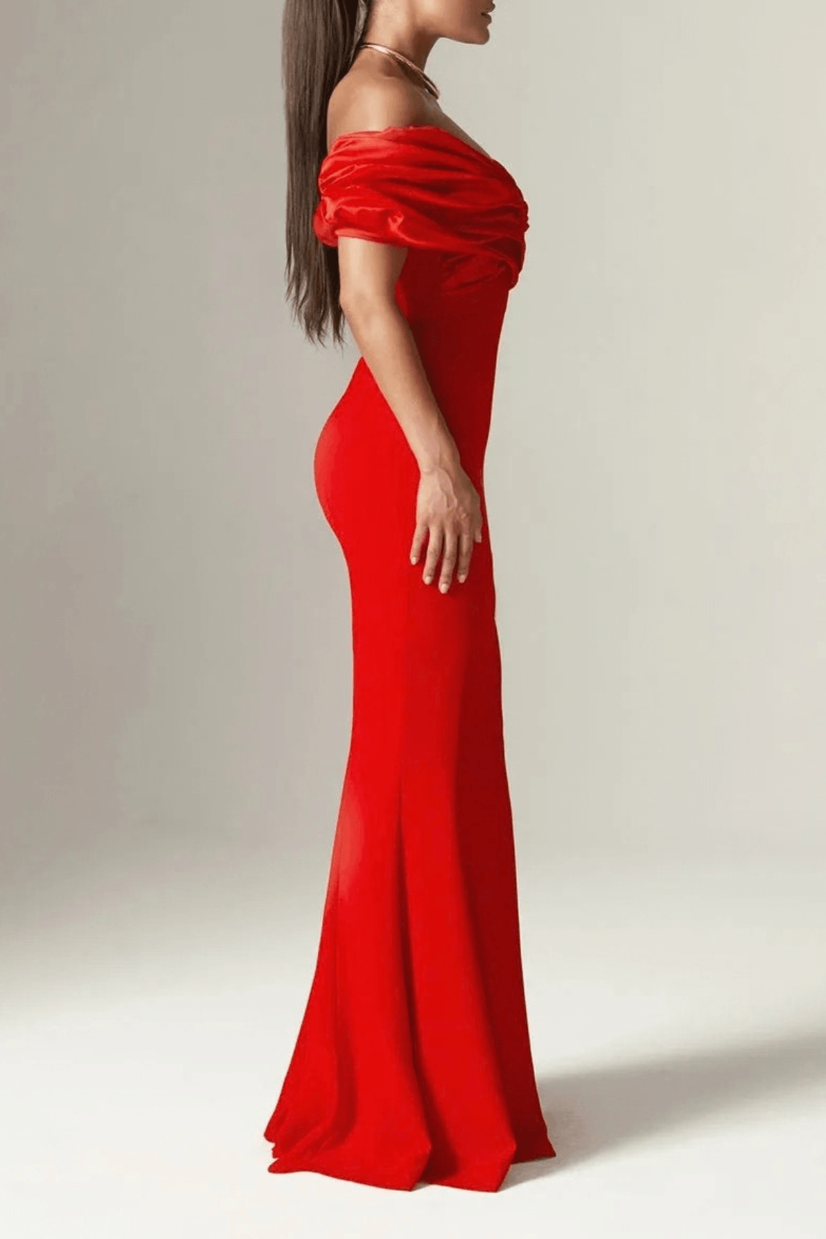 Iris Red Off Shoulder Satin Mermaid Maxi Dress Avalabel