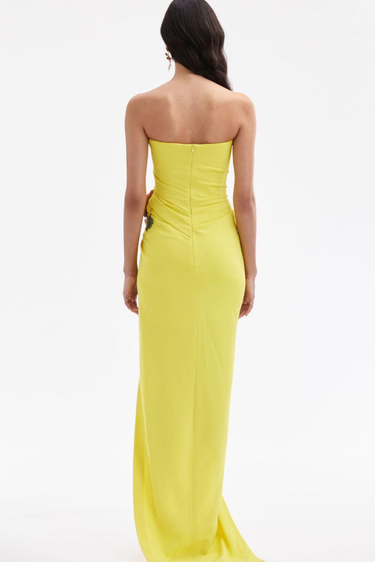 Victoria Yellow Strapless High-Slit Maxi Dress with 3D Flowers Avalabel