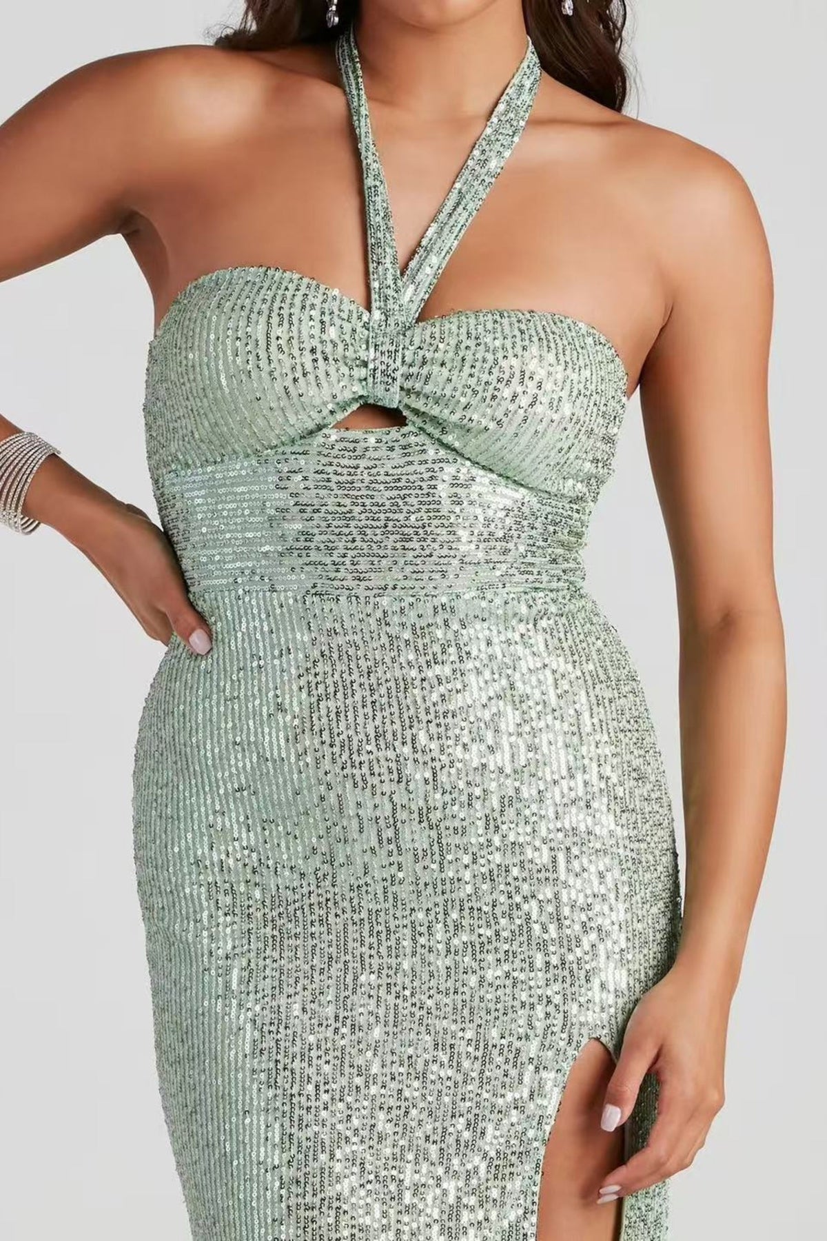 Halter Sequined Slit Maxi dress Avalabel