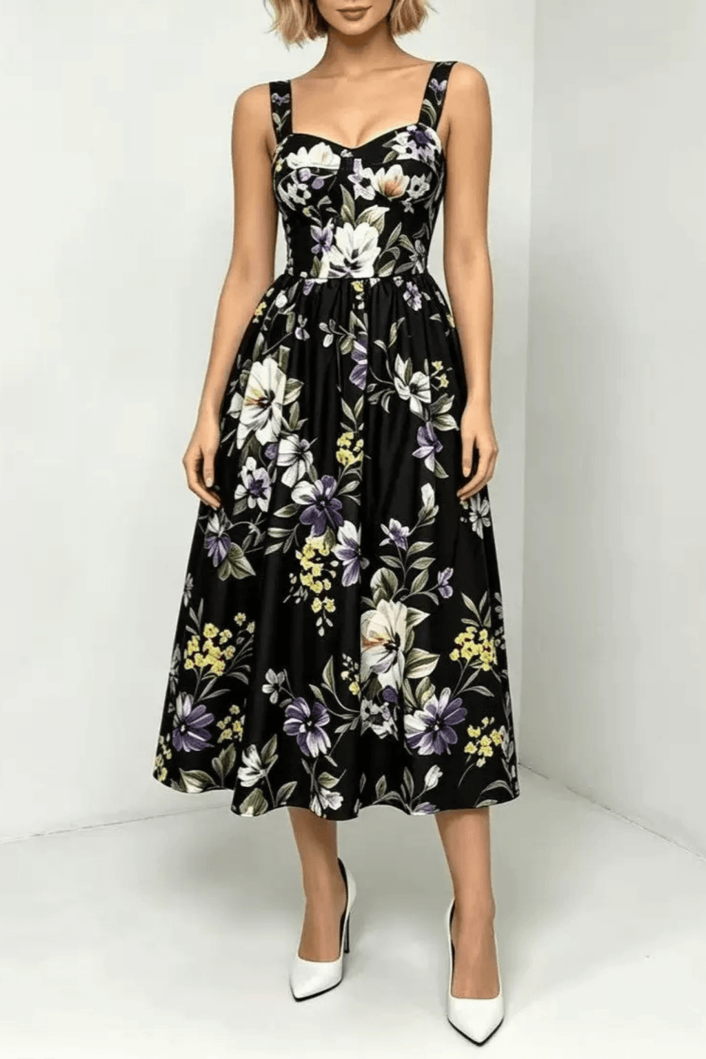 Kiara Floral Print Flared Midi Dress Avalabel