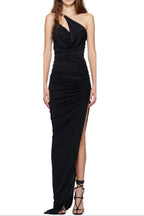 One-Shoulder Sleeveless Ruched Bodycon Maxi Dress in Black Avalabel