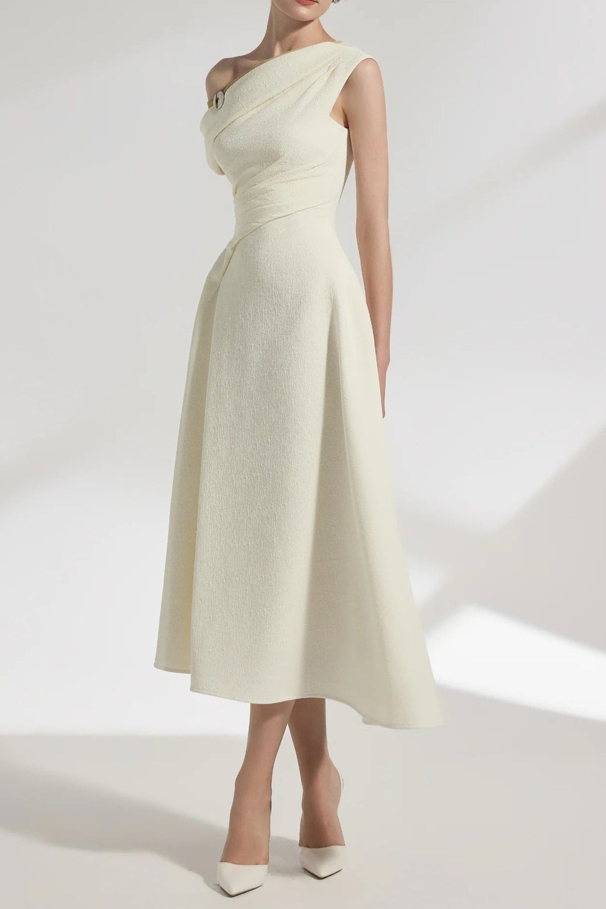 Lucy One-Shoulder A-Line Midi Dress in White Avalabel