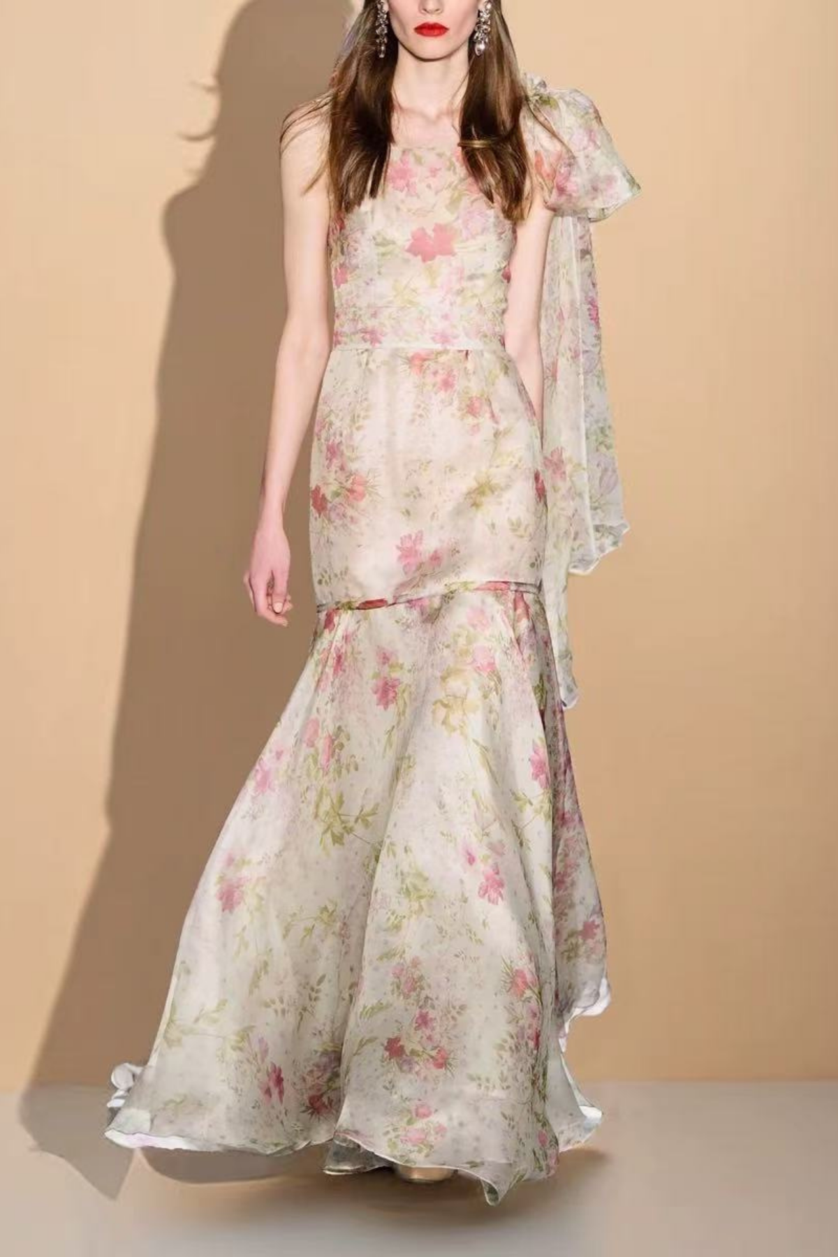 Vivienne Pink Floral One-Shoulder Maxi Dress with Bow Sash Avalabel