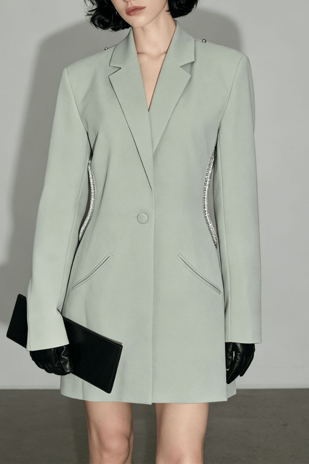 Sage Green Rhinestone Open Back Blazer Avalabel