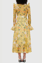 Daisy Print Butterfly Sleeve Midi Dress in yellow poava