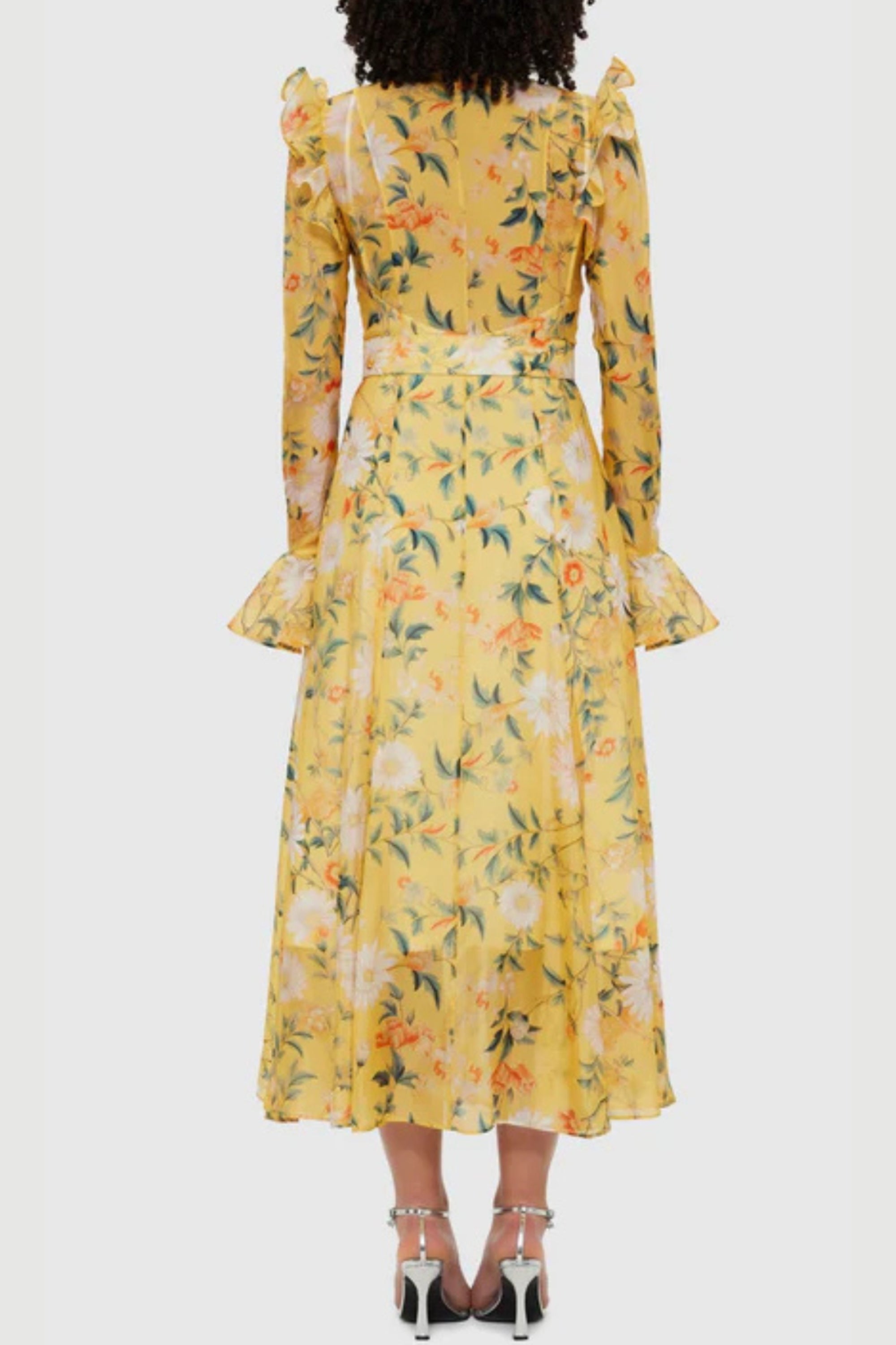 Daisy Print Butterfly Sleeve Midi Dress in yellow poava