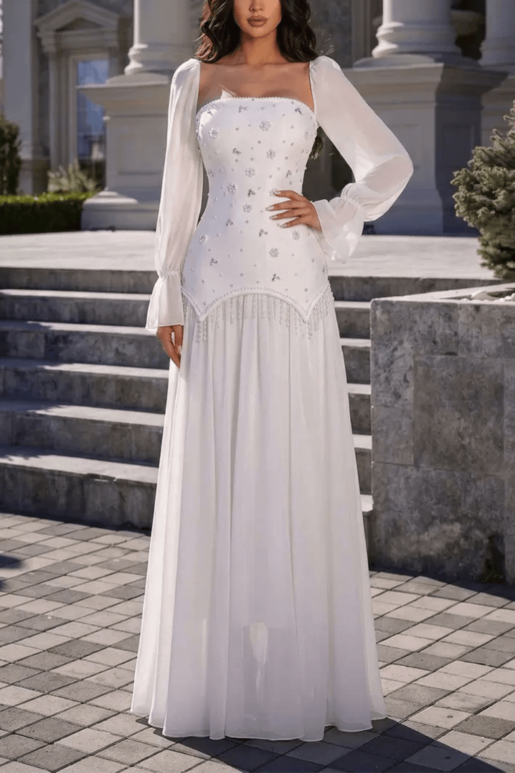 Sophia White Beaded Long‑Sleeve Chiffon Evening Gown Avalabel