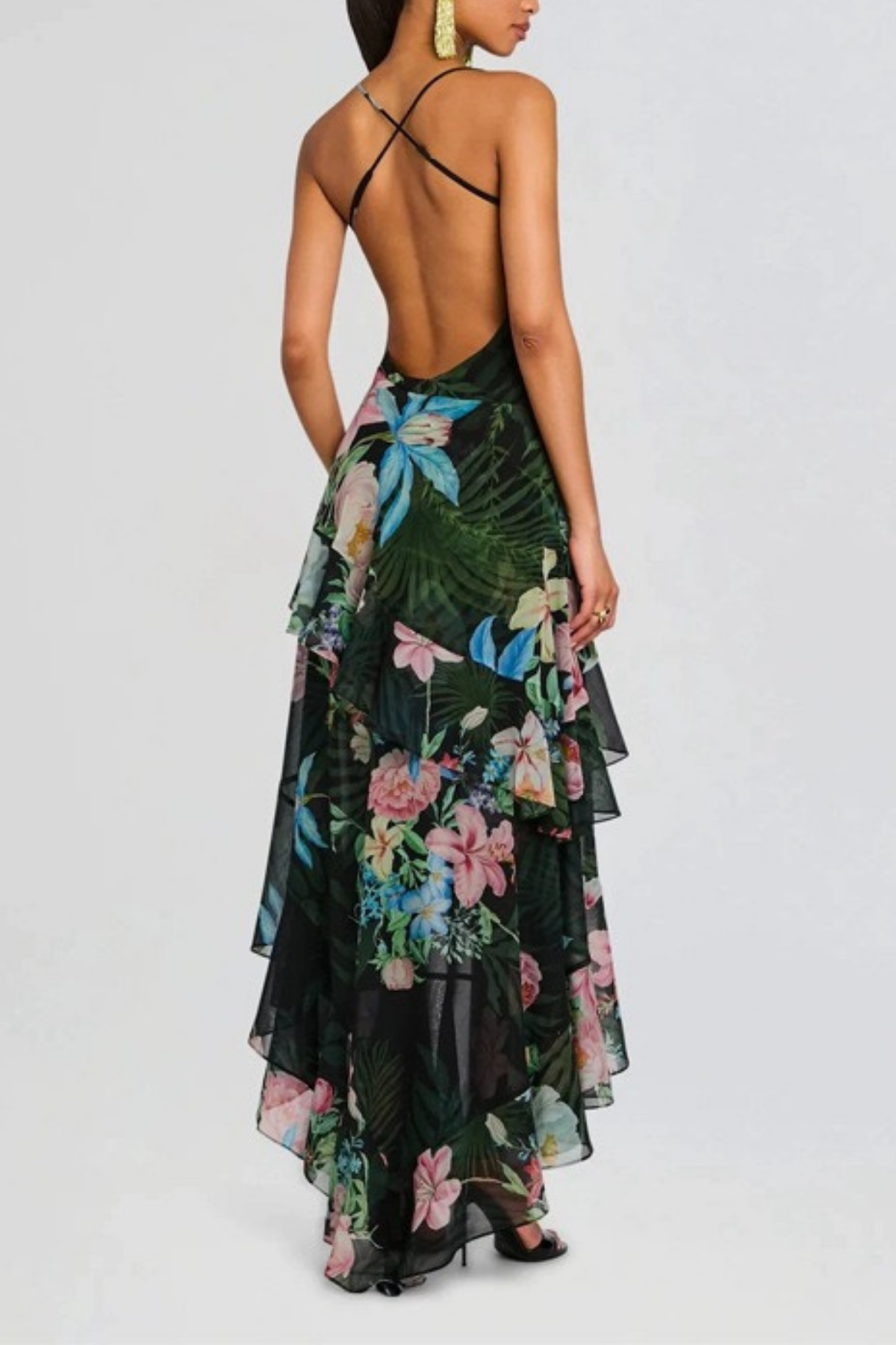 Nola Green Floral Spaghetti Strap Ruffle Slit  Dress Avalabel