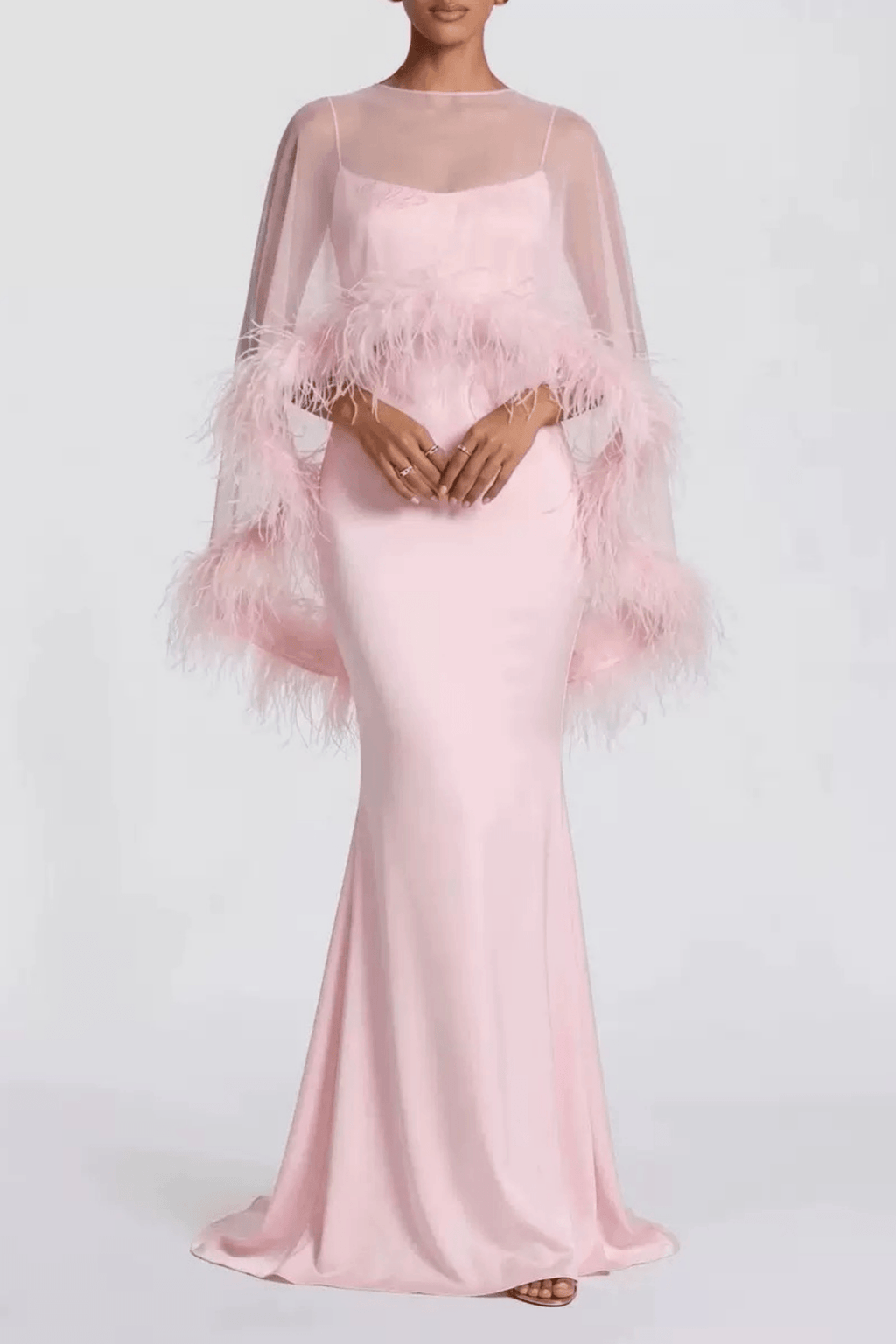 Janis Feather Trim Sheer Cape Satin Dress Avalabel