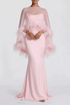 Janis Feather Trim Sheer Cape Satin Dress Avalabel