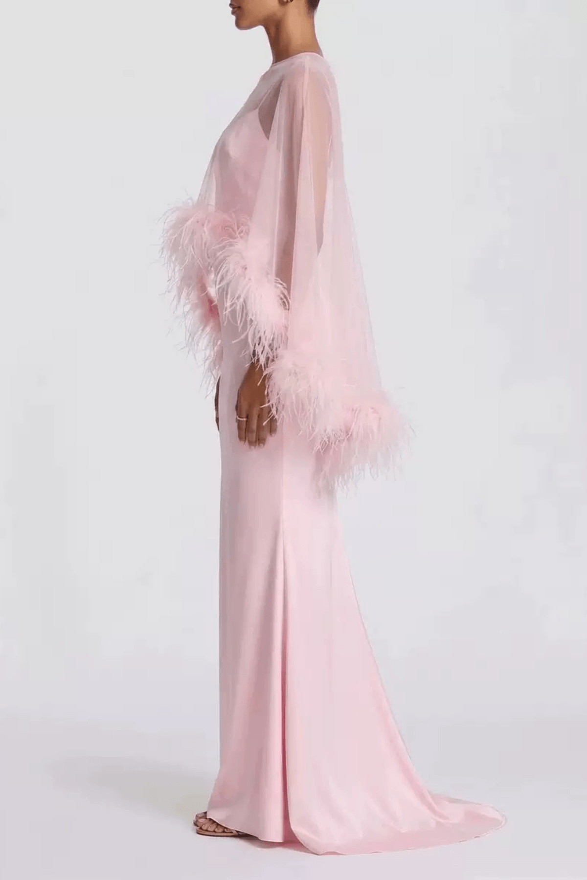 Janis Feather Trim Sheer Cape Satin Dress Avalabel