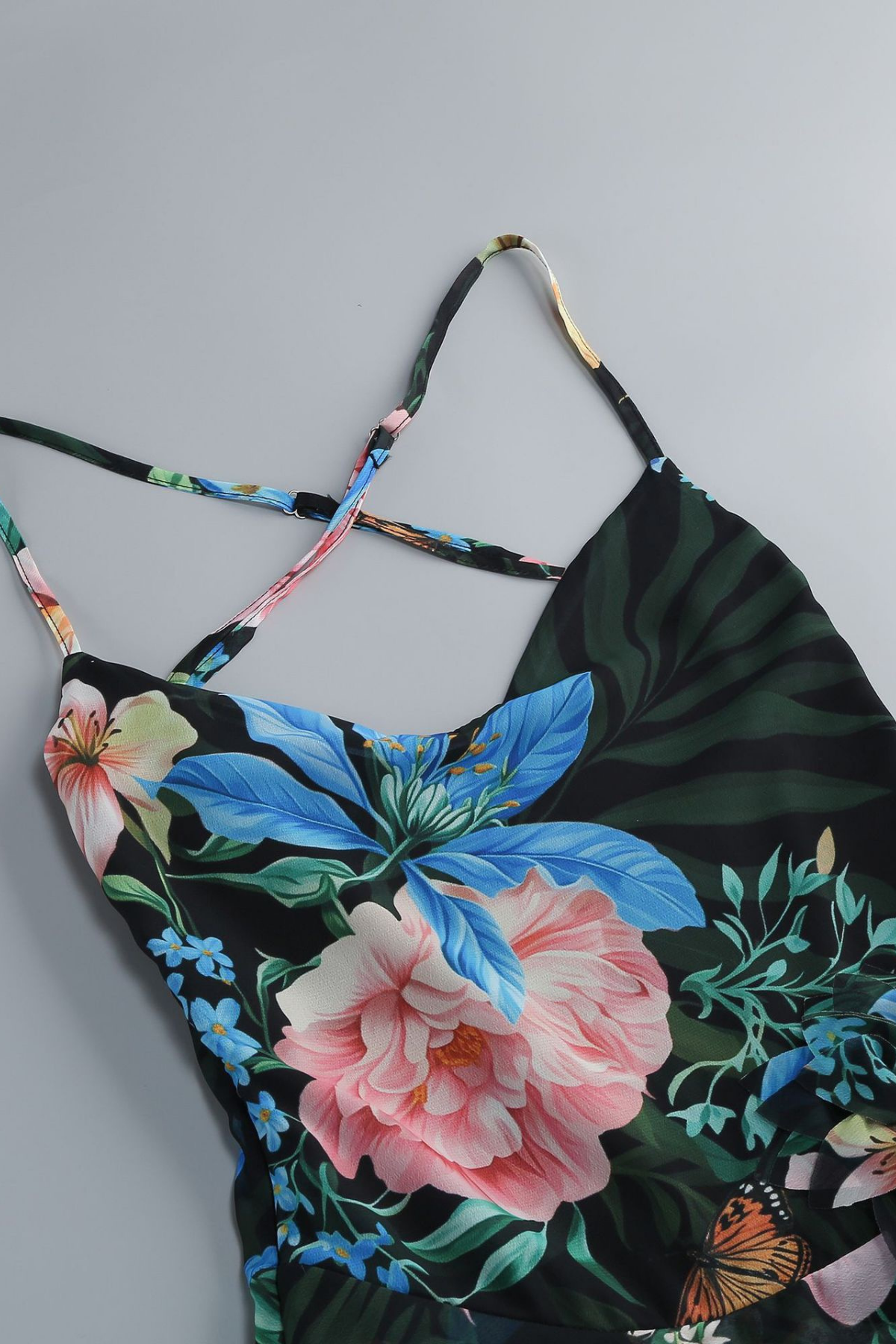 Nola Green Floral Spaghetti Strap Ruffle Slit  Dress Avalabel