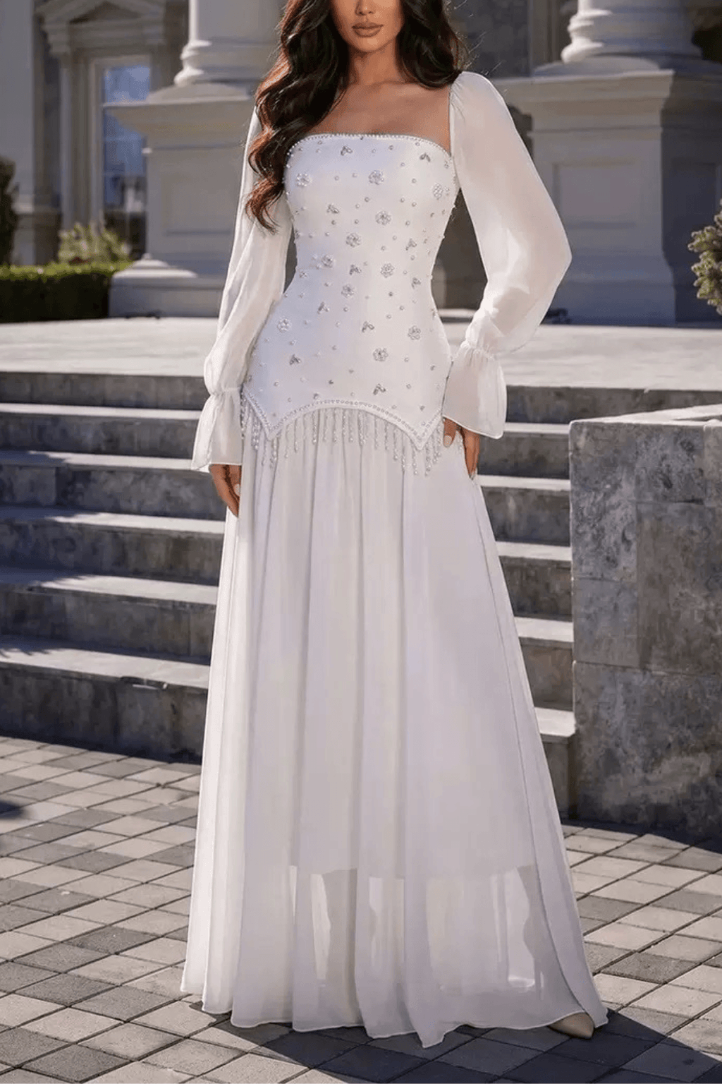 Sophia White Beaded Long‑Sleeve Chiffon Evening Gown Avalabel