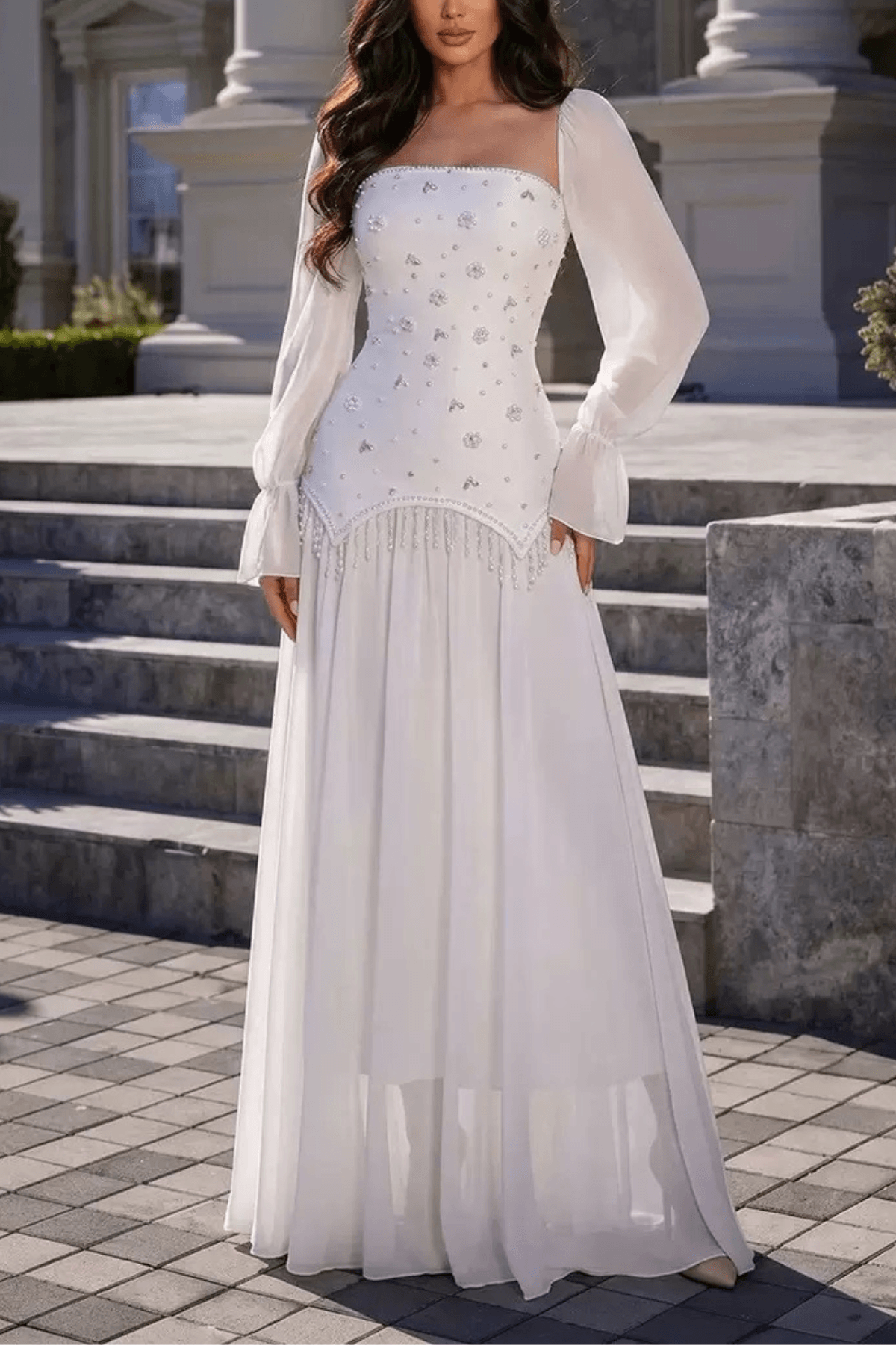 Sophia White Beaded Long‑Sleeve Chiffon Evening Gown Avalabel