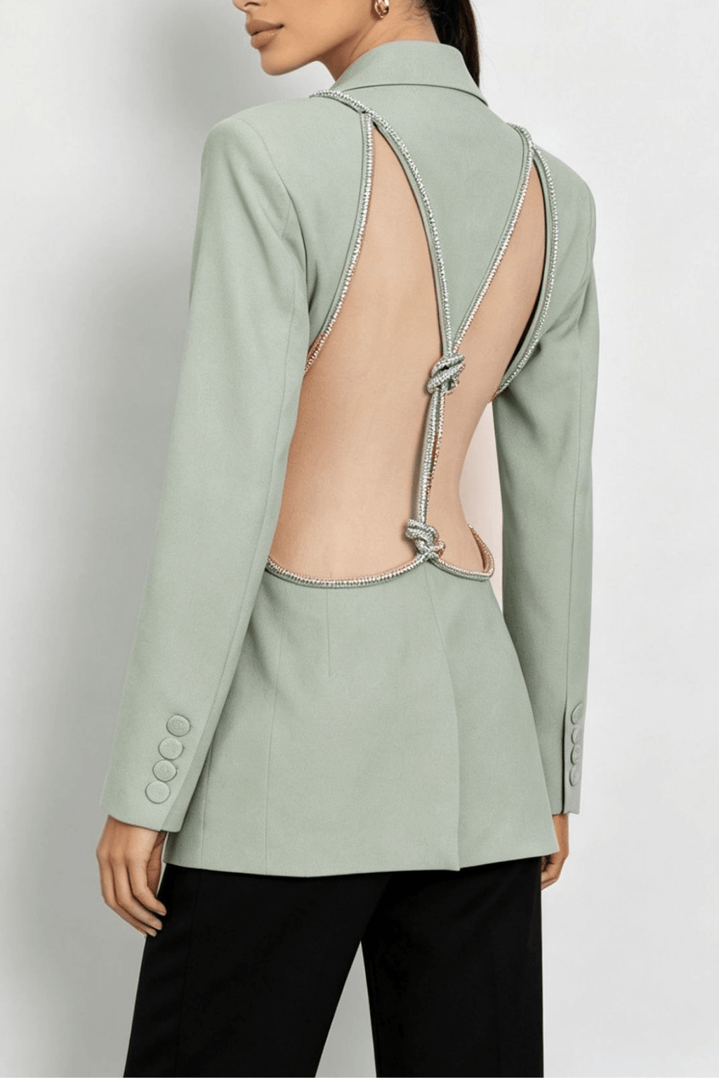 Sage Green Rhinestone Open Back Blazer Avalabel