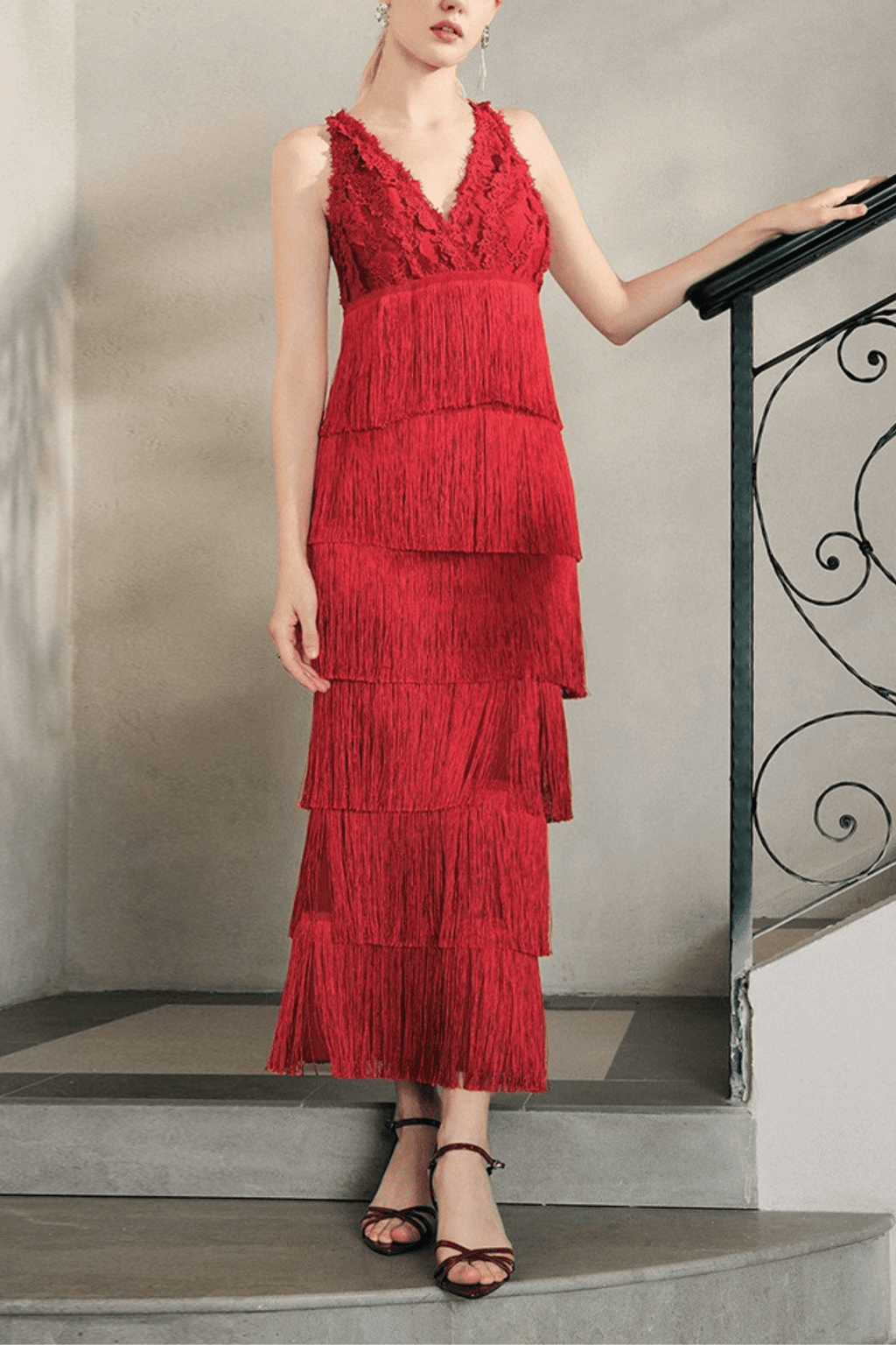 Stella Red Lace V-Neck Tiered Maxi Dress Avalabel