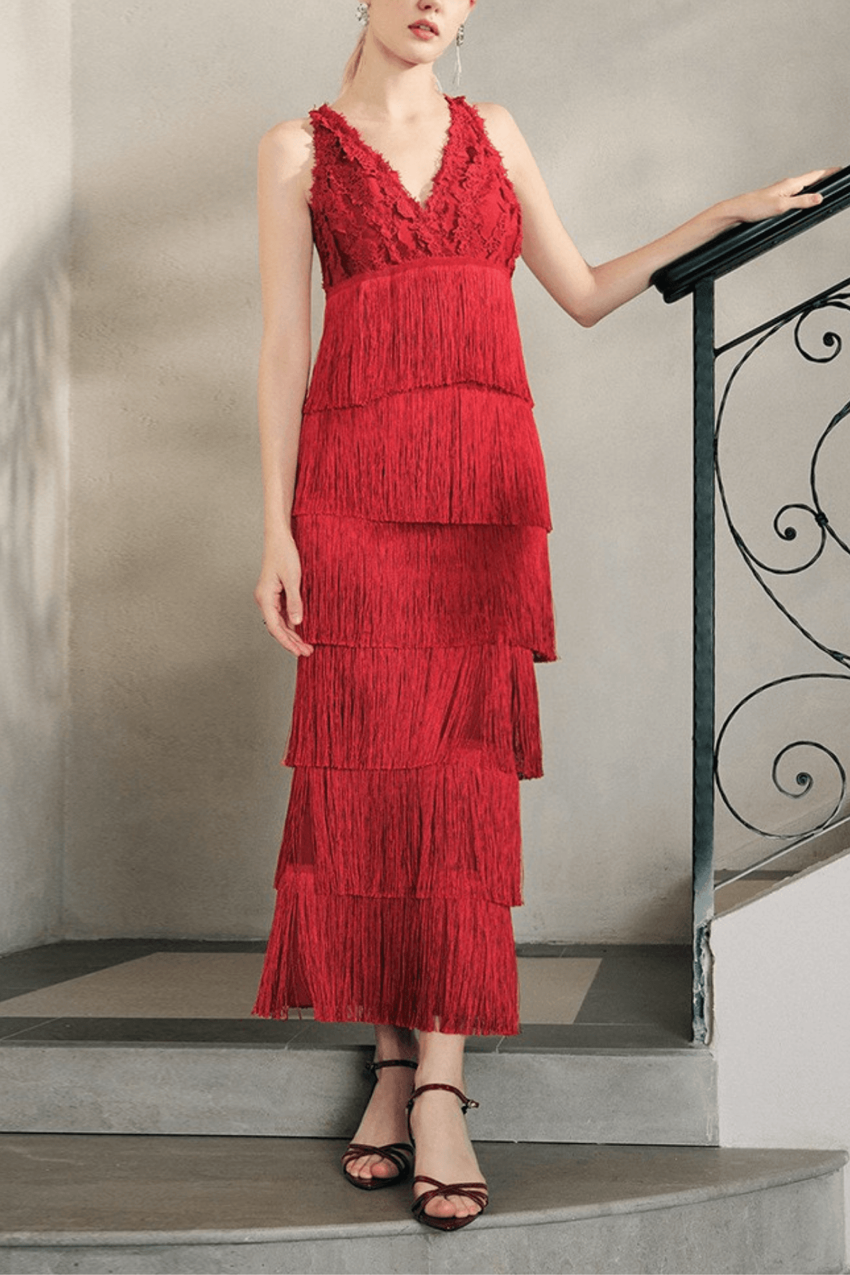 Stella Red Lace V-Neck Tiered Maxi Dress Avalabel