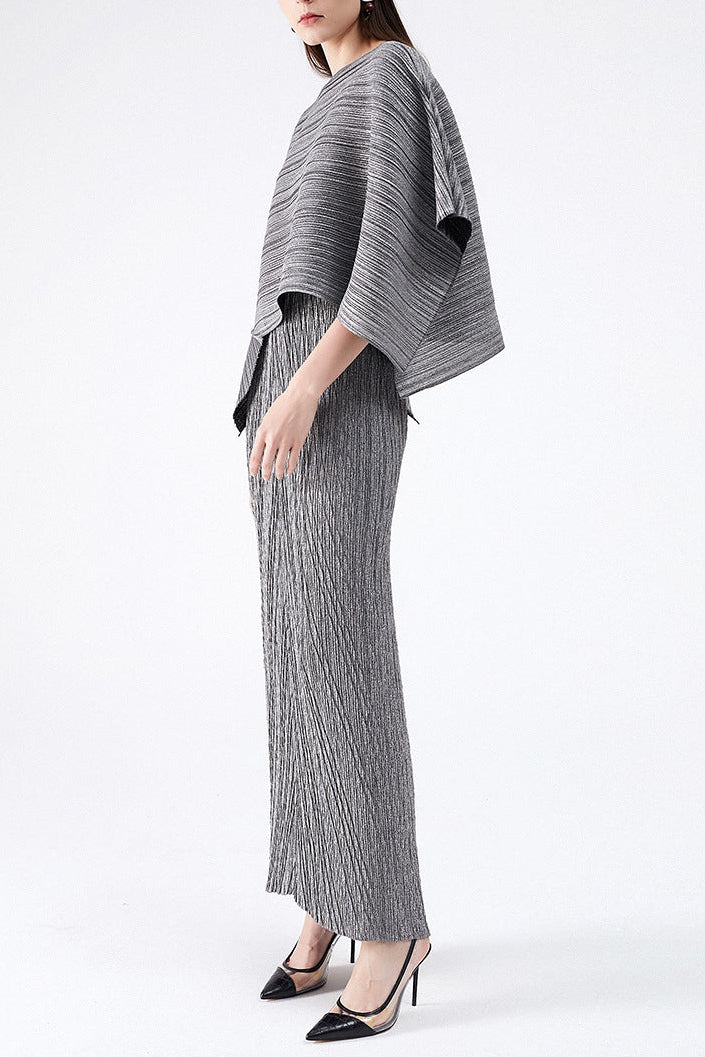 maureen pleated midi dress with cape in gray set Avalabel