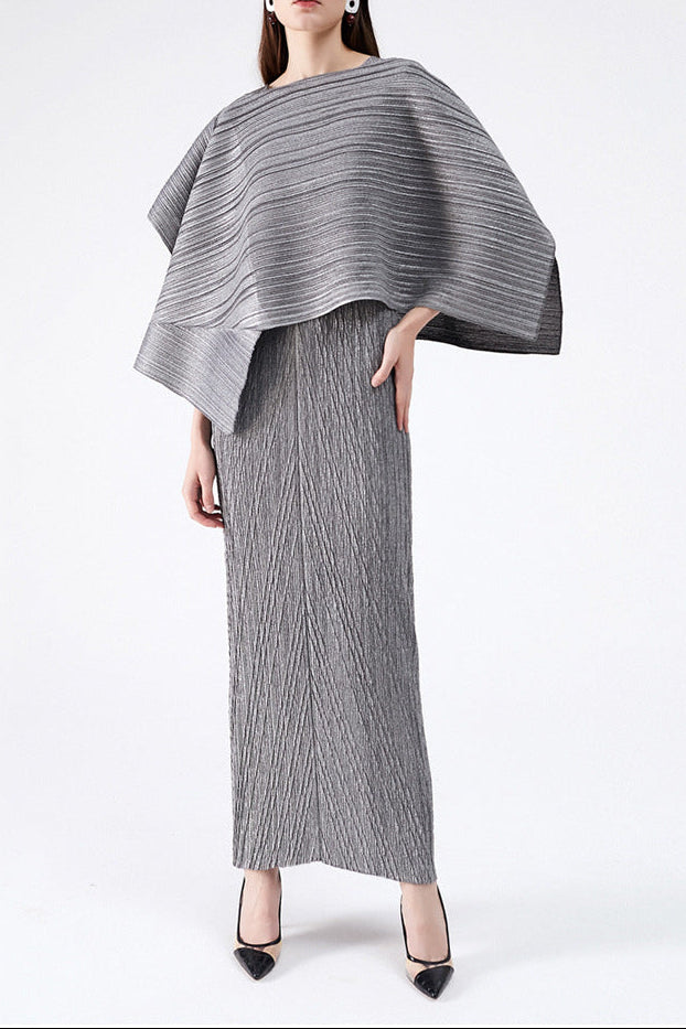 maureen pleated midi dress with cape in gray set Avalabel