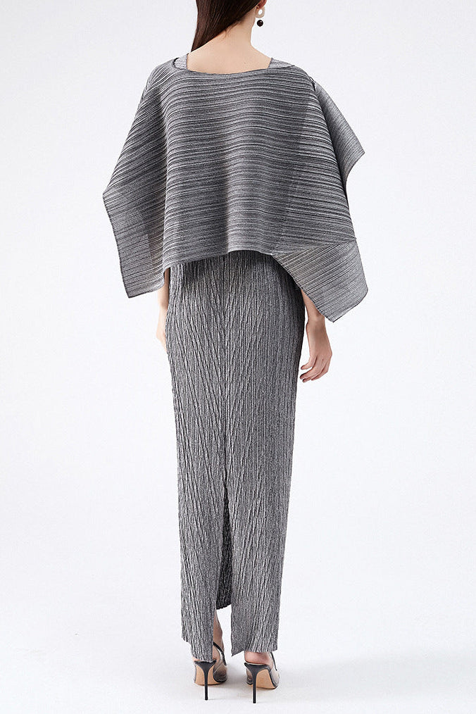 maureen pleated midi dress with cape in gray set Avalabel