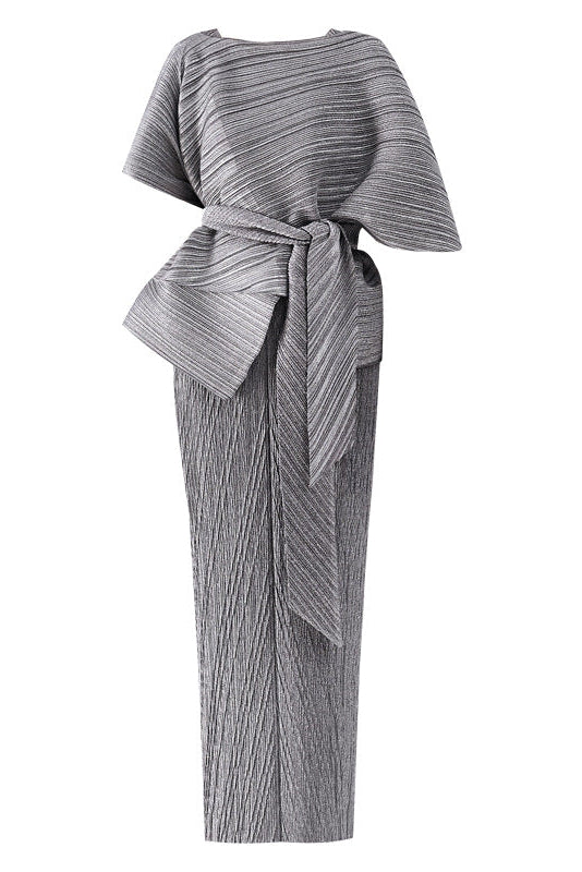 maureen pleated midi dress with cape in gray set Avalabel