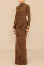 liz High Neck Asymmetric Drape ruched Maxi Dress in brown Avalabel