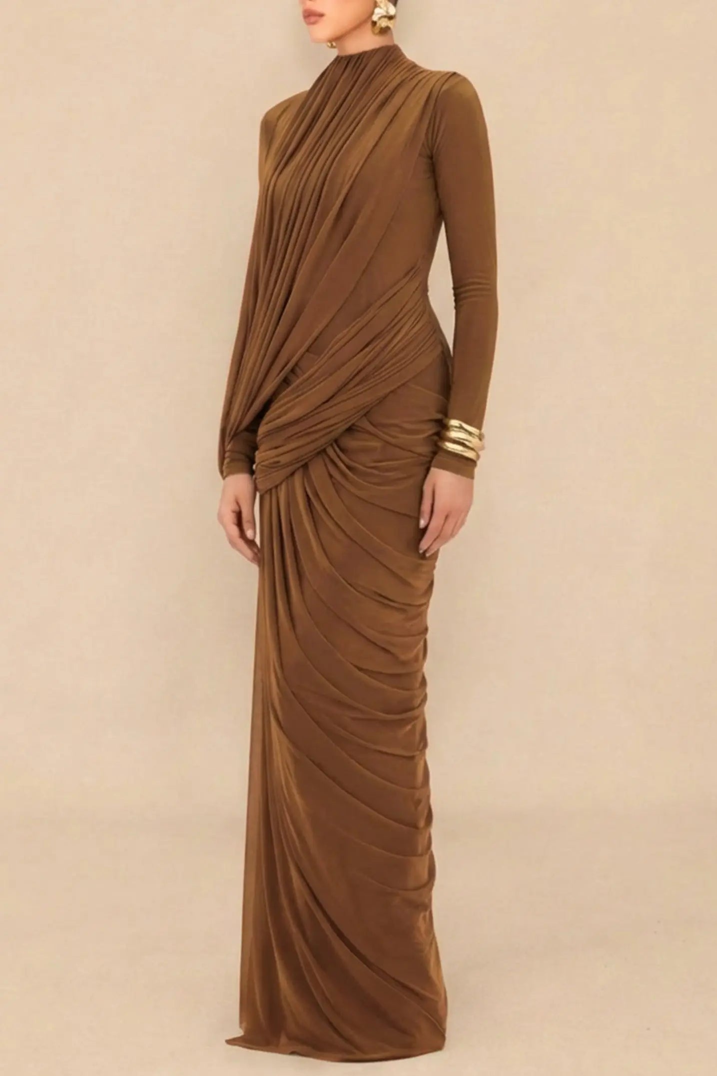 liz High Neck Asymmetric Drape ruched Maxi Dress in brown Avalabel