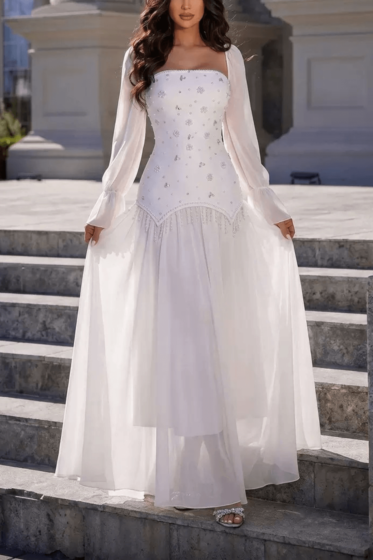 Sophia White Beaded Long‑Sleeve Chiffon Evening Gown Avalabel