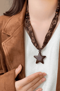 Brown Floral Fabric Wood Star Pendant Necklace Avalabel