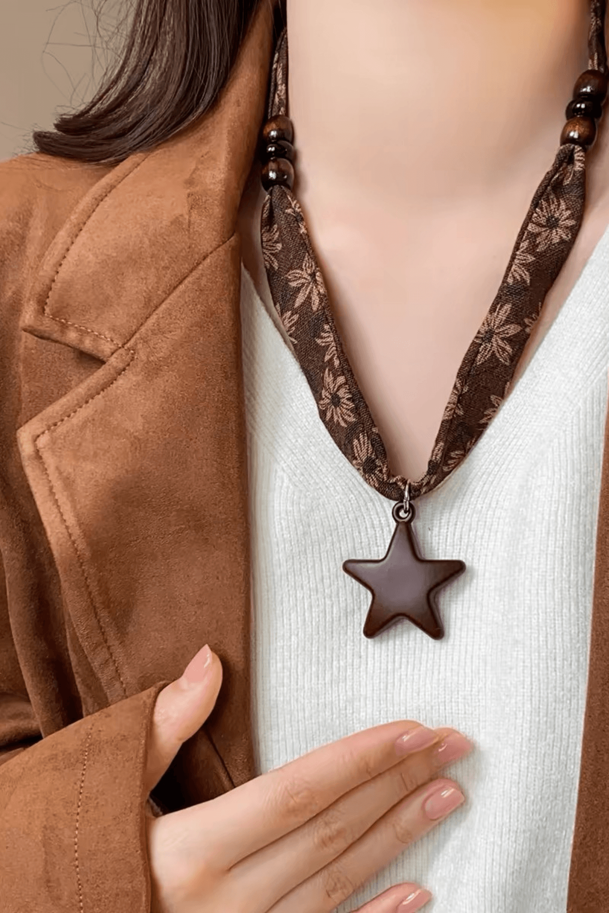 Brown Floral Fabric Wood Star Pendant Necklace Avalabel