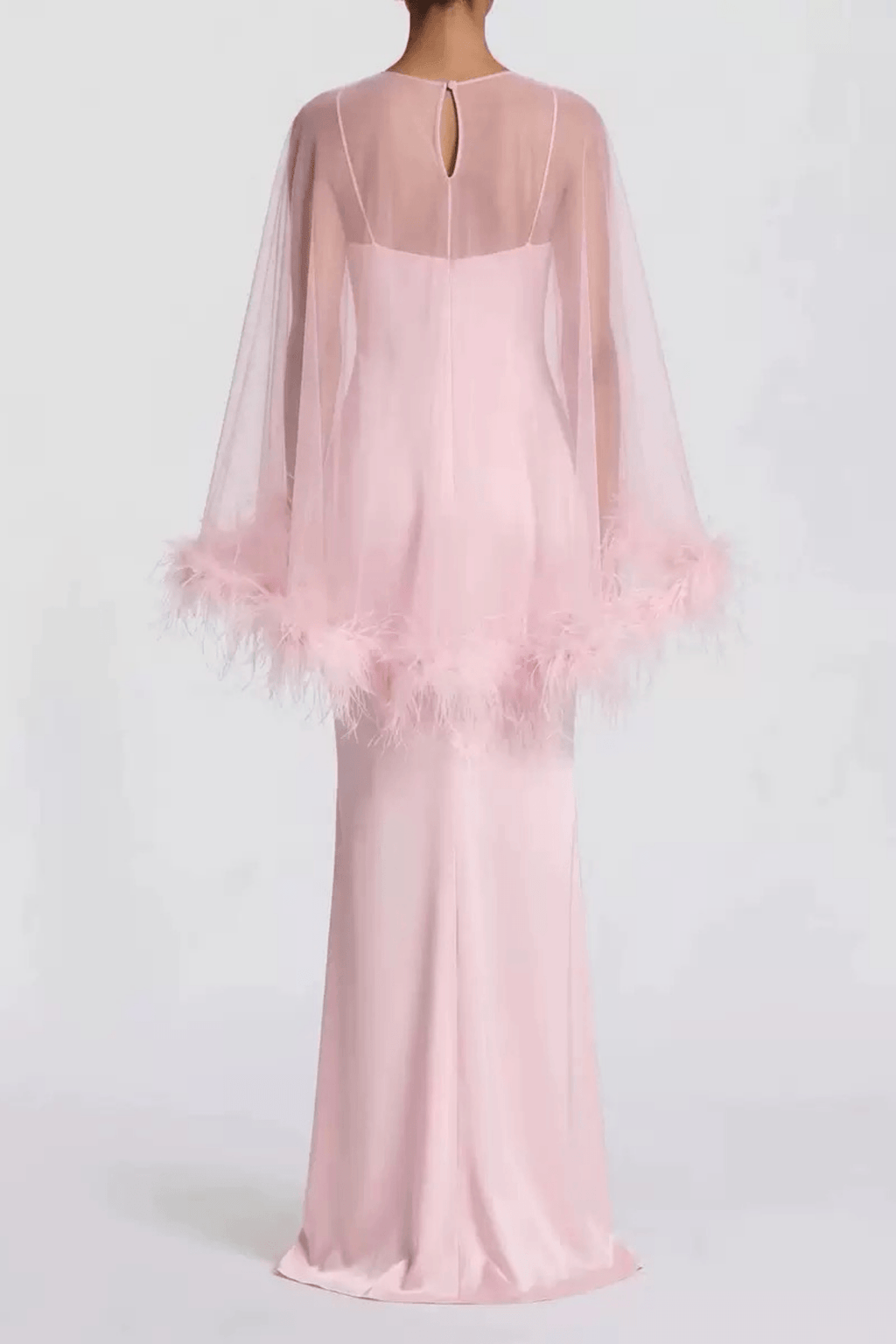 Janis Feather Trim Sheer Cape Satin Dress Avalabel