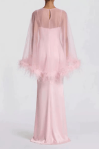 Janis Feather Trim Sheer Cape Satin Dress Avalabel