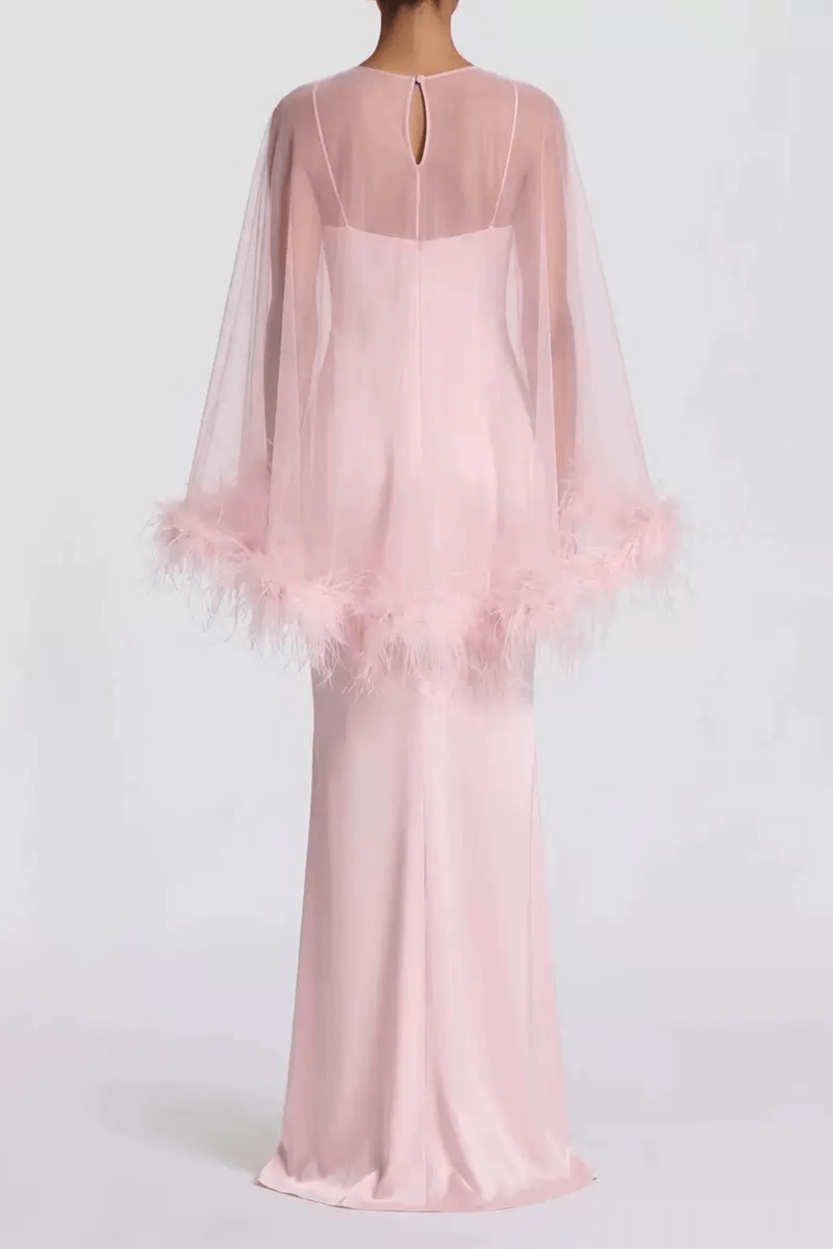 Janis Feather Trim Sheer Cape Satin Dress Avalabel