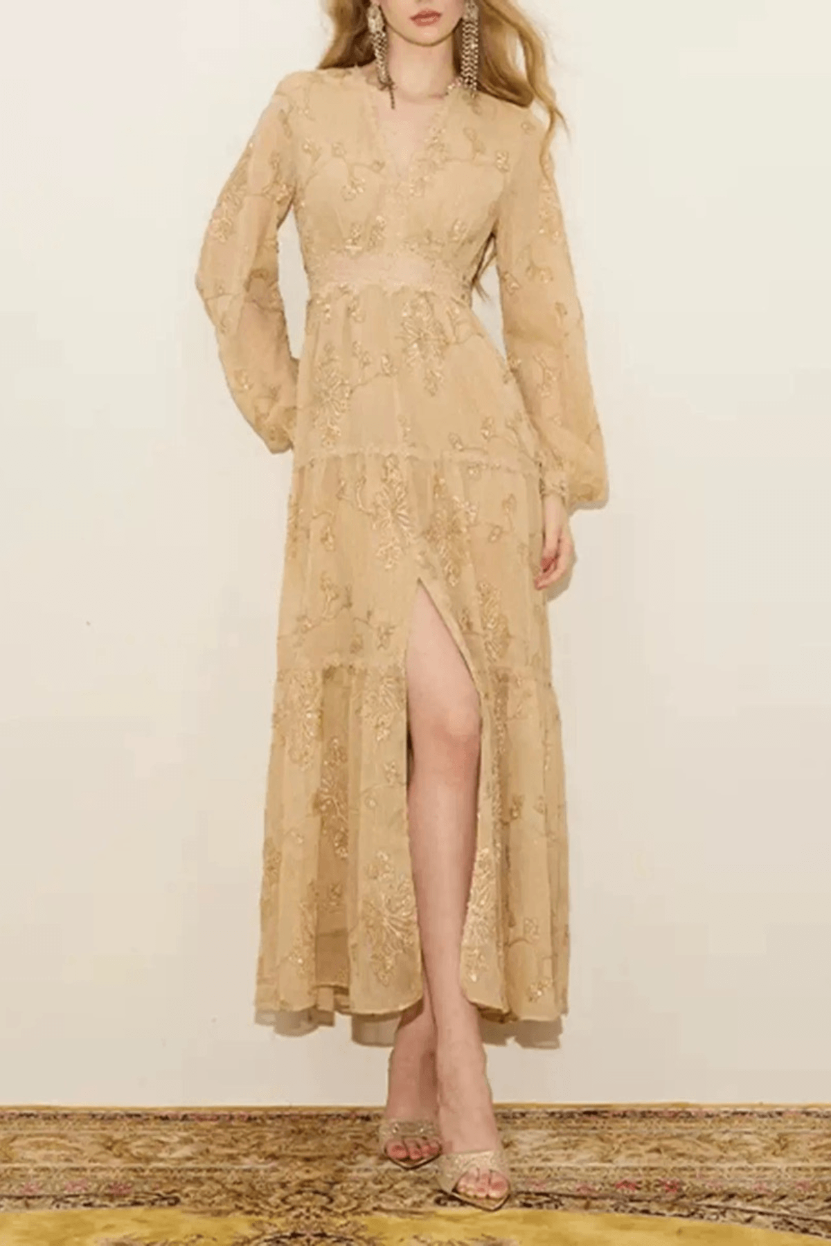 Una V-Neck Floral Embroidery Midi Dress Avalabel